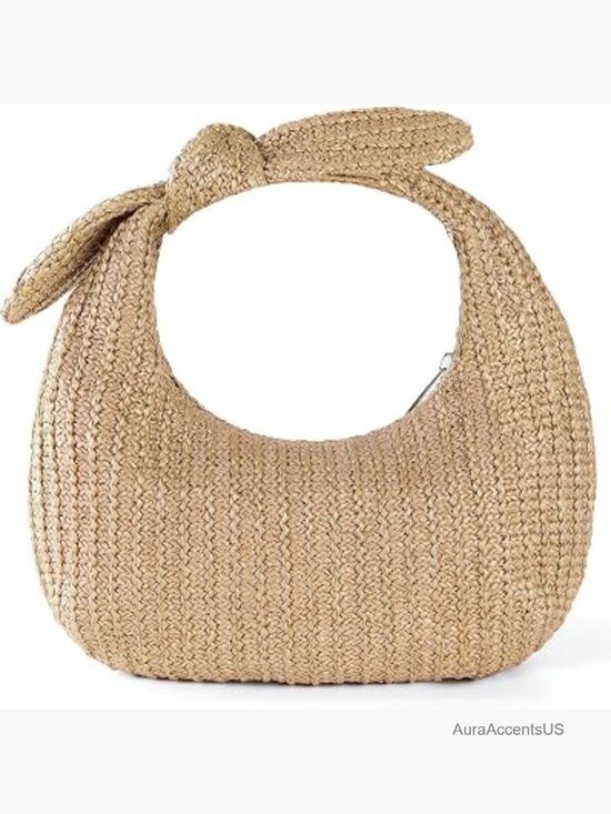 Handbags - Woven Straw Inspired Tote Bag with Bow Top Handle Summer Clutch Purse Handbag